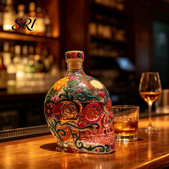 3D Sculpted Skull Decanter Gothic Decanter, Hand Painted Glass Liquor Bottle with Floral Themed Party Decor Design, Carved Wine Dispenser for