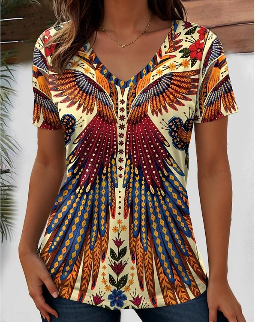 Harajuku Wind Ladies V-neck T-shirt Summer Outdoor Casual Short Sleeve Tops Retro Street Flower Print OverSize Women's Clothing