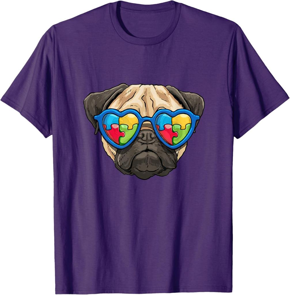 Autism Awareness Pug Dog Heart Puzzle Sunglasses Graphic Tee Casual Cotton T-Shirt for Boys