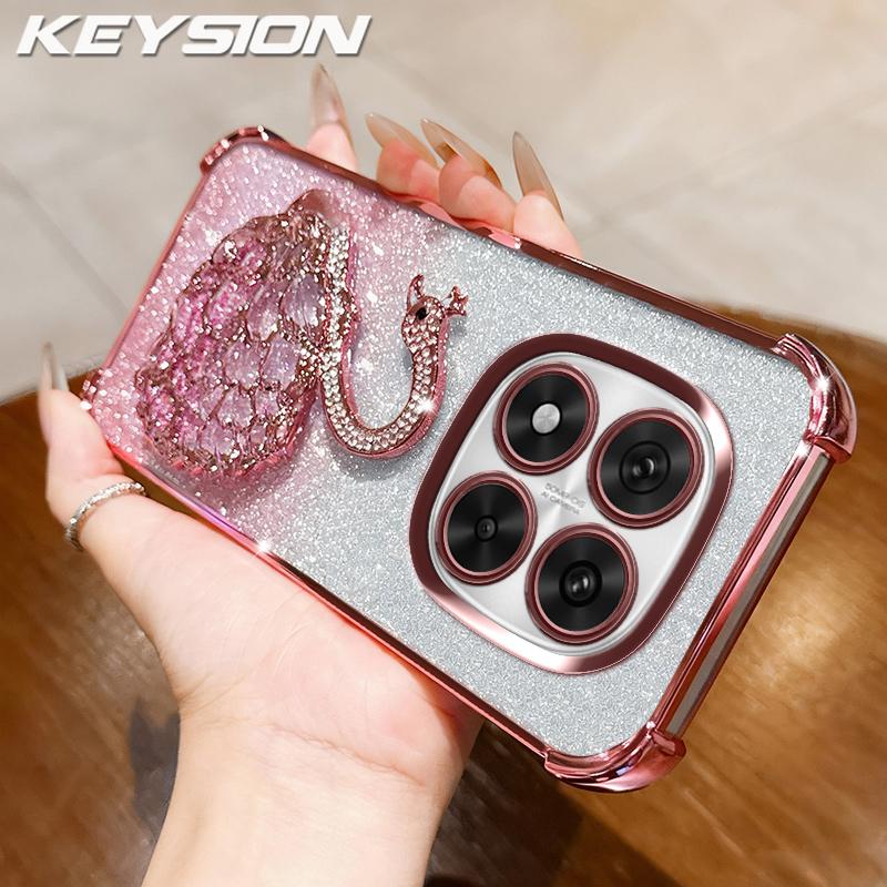 

KEYSION Протиударний чохол з покриттям для телефону Redmi Note 14 Pro+ 5G 14 Pro 4G, блискучий чохол-підставка з лебедем для Xiaomi POCO X7 for Redmi Note 14 Pro рожевий