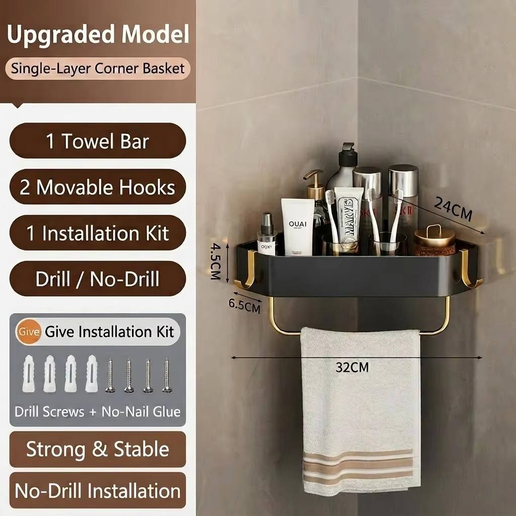 Bathroom Storage Rack, Corner Wall-mounted, No-drill, for Toilet and Washbasin, Shower Shelf, Black and Gold Triangular Basket