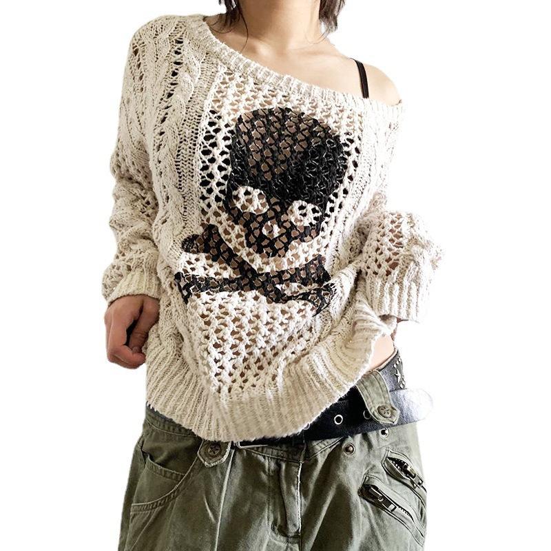 Sweater y2k Aesthetic Gothic Hollow Out Long Sleeve Tops Punk Style Crochet Pullover Knitwear Women Streetwear