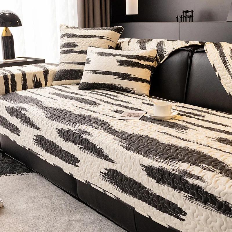 American Black White Striped Sofa Mat Four Seasons Luxury Sofas Towel Pillowcase Anti Slip Wear-resistant Pure Cotton Sofa Cover
