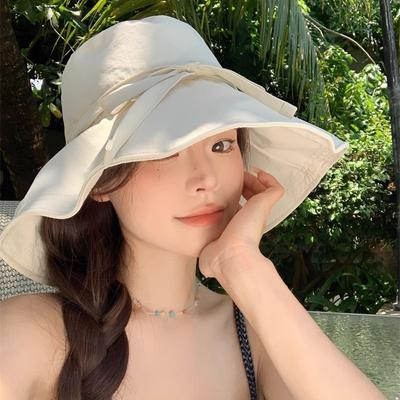 Hat Summer Women's Summer New Straps Bucket Hat Face Small Versatile Bow Sunscreen Visor