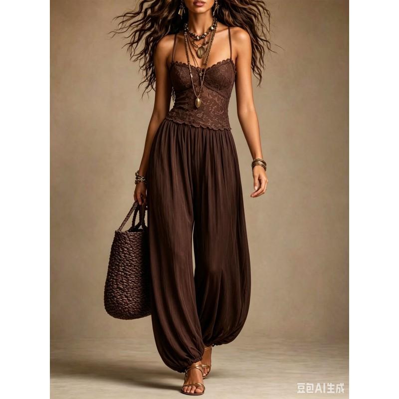 2026 Schwarzer Bohème-Spitzenbesatz Chiffon-Jumpsuit Damen Ärmellos Weiter Bein Romper