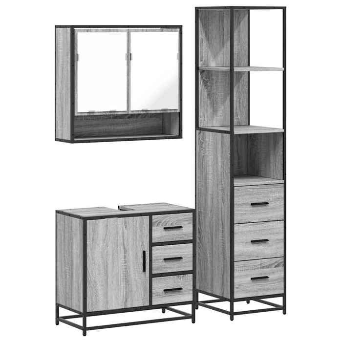VidaXL Ensemble de meubles de salle de bain 3 pcs Sonoma gris, armoire de rangement, armoire de bain, meuble de toilette 3301168
