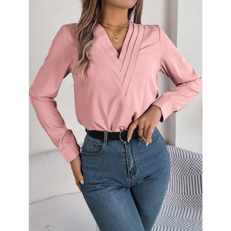 Elegant Fashion Layered V-neck Long Sleeved Women Shirt Solid Color Loose Casual Simple Office Blouse Ladies Basic Spring Autumn Tops Women's Clothing