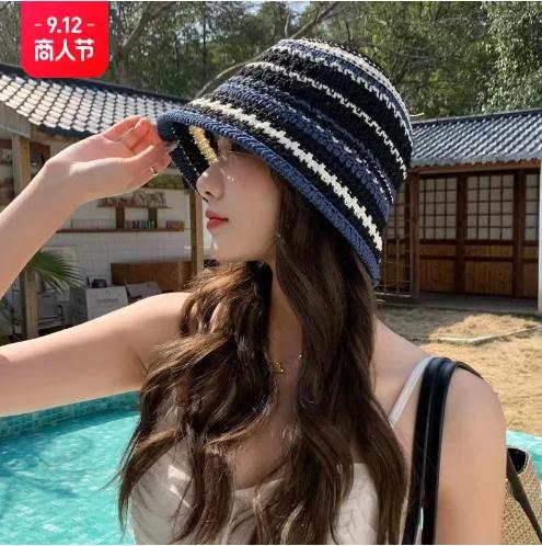 2025 New Colorful Stripe Knitted Bowl Hats for Women's Casual Versatile Korean Decoration Foldable Sun Visor Hat Bucket Hat