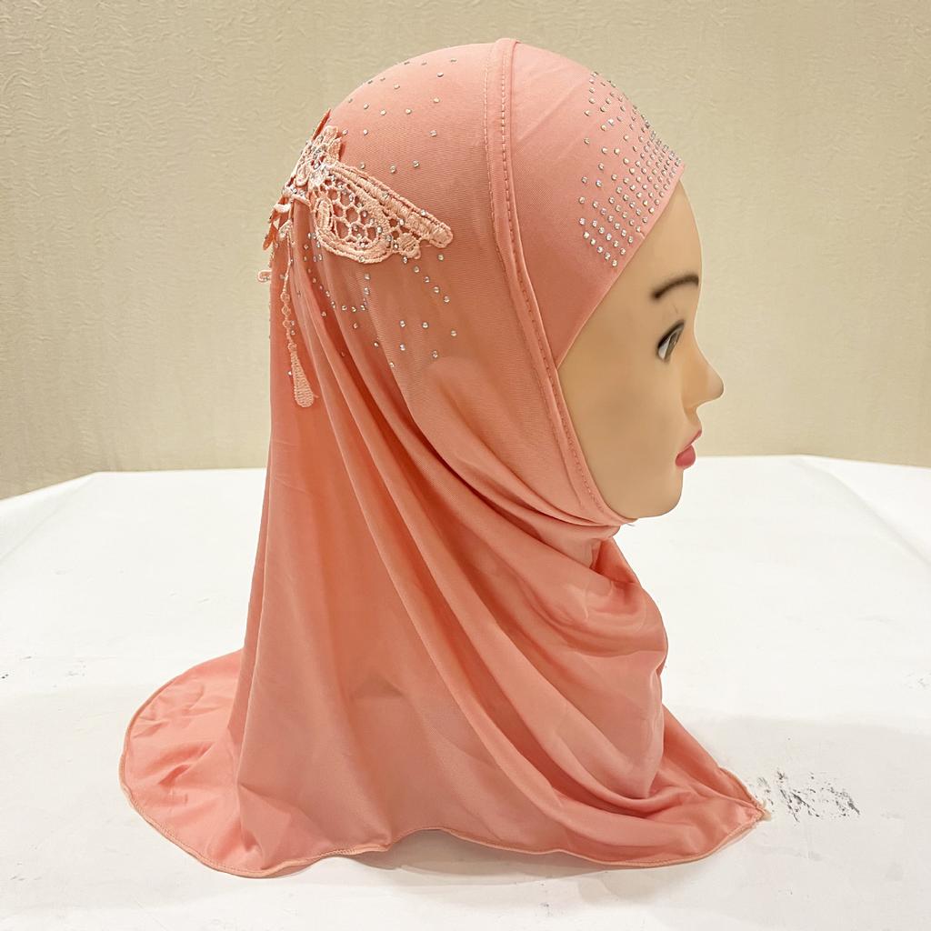 Luxury Instant Hijab Headscarf Fit 2-6 Years Old Girls Muslim Hijab Hat Islam Scarf Embroidery Rhinestone Full Cover Turban Caps