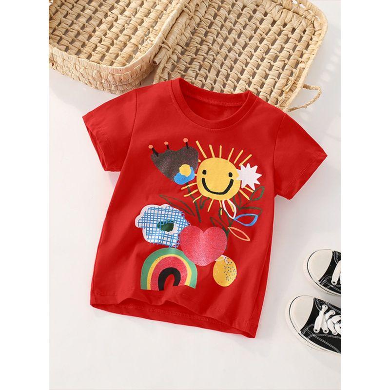Summer New Style Export Children's Clothing Girls' Red Short-Sleeved T-Shirt Pure Cotton Kids' Baby Top Pullover Half-Sleeve 6 Years Old Trendy