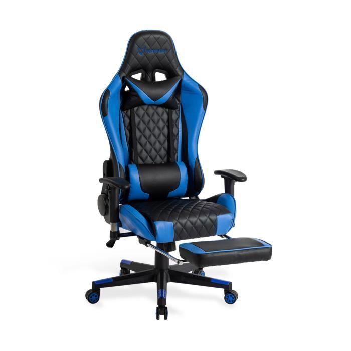 FOXSPORT-Fauteuil de bureau - Gamer - Réglable - Repose-pieds - Coussin de tête - Coussin lombaire - Bleu