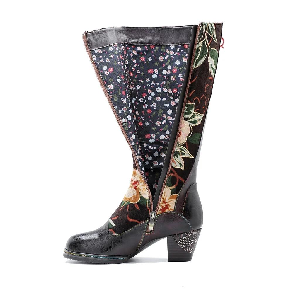 Johnature Handmade Color Printing Splice Flower Belt Buckle Comfortable Thick Heel Women Mid-calf Boots
