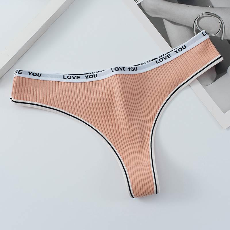 Nahtloser gerippter Baumwoll-Tanga für Damen mit Buchstaben-Bund – Bequeme, atmungsaktive T-Back-Slips