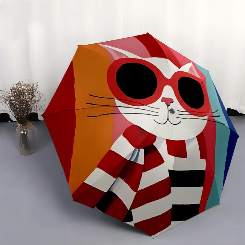 1pc Cat Glasses Striped Scarf Automatic Open/close Umbrella, 8-Rib sturdy structure, Portable Travel Umbrella, Parties, Everyday Useb065