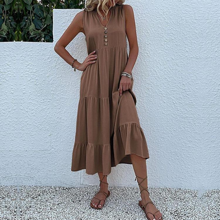 Robe d'été pour femme, coupe trapèze, longueur genou, sans manches, couleur unie, col en V