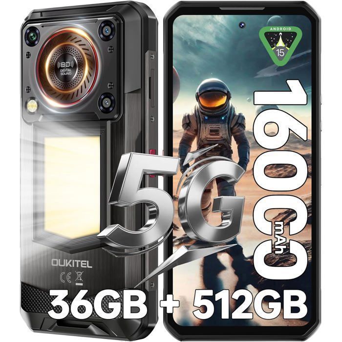 Nerozbitný přenosný telefon 5G OUKITEL WP56 36GB+512GB 6,8" 16000mAh Odolný smartphone 108MP Android 15 Dual SIM/NFC/128dB Černý