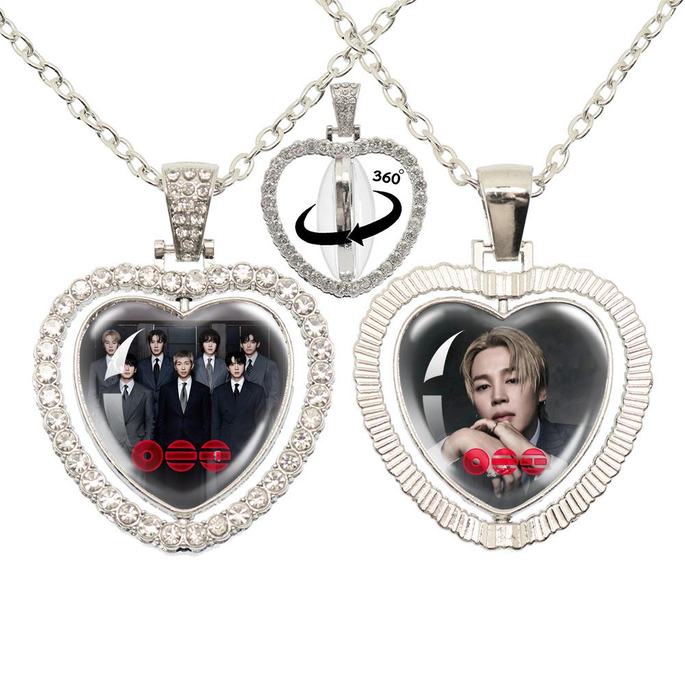 BTS Doppelseitige 360° drehbare Herz Halskette, Bangtan Boys Gruppe & Mitgliedsfoto Anhänger, Kpop ARMY Fans Schmuck Geschenk