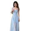 French temperament thin blue lace suspender dress women's summer new seaside vacation style beautiful long skirt