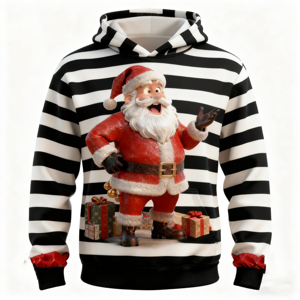 3D Print Santa Clause Graphic Men's Hoodies Fashion Stripe Long Sleeve Hooded Sweatshirts Christmas Theme Party Clothes For Male