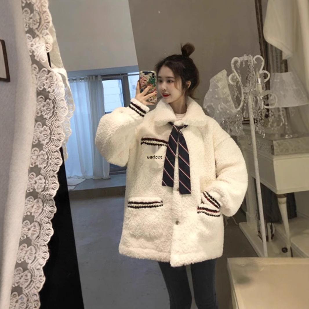 

Женское приталенное зимнее пальто из овечьей шерсти в студенческом стиле 2024 S слоновая кость