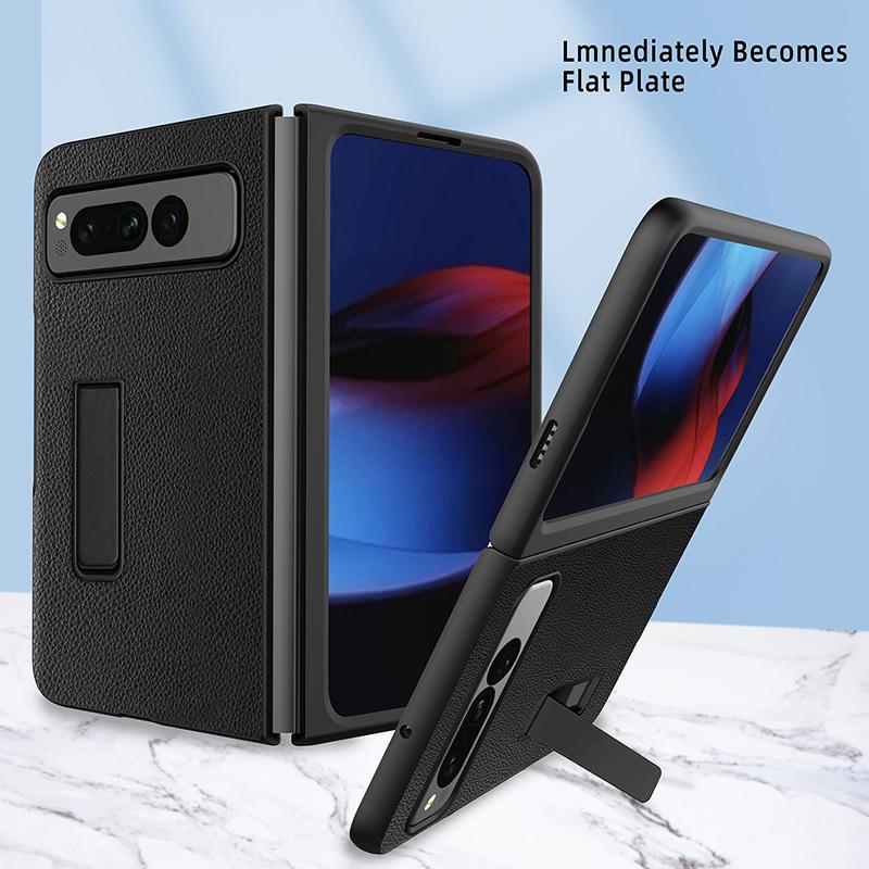 

For Google Pixel Fold Hinge Protection PU Leather+PC Cover Kickstand Phone Case Litchi Texture/Black
