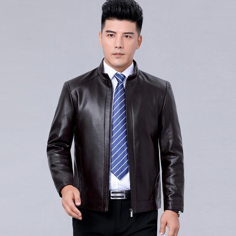 Mens Faux Leather Jacket Stand Collar Zip-Up Warm Thick Winter Business Casual Outerwear