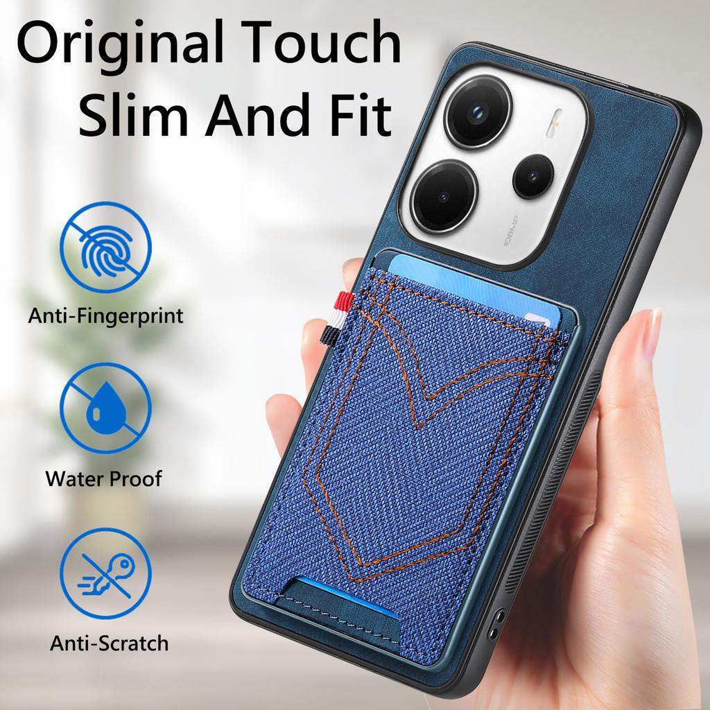 For Xiaomi Redmi Note 14 4G (163.25x76.55x8.16mm) Phone Case Retro Jean Cloth Texture Leather Back Cover with Card Holder