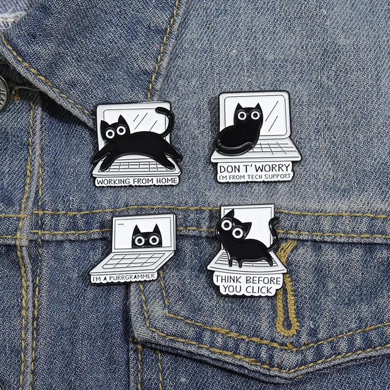 Punk Creative Black Kitten Enamel Pins Cartoon Cat Loves Work Brooch Custom Denim Lapel Badge Backpack Funny Animal Jewelry Gift