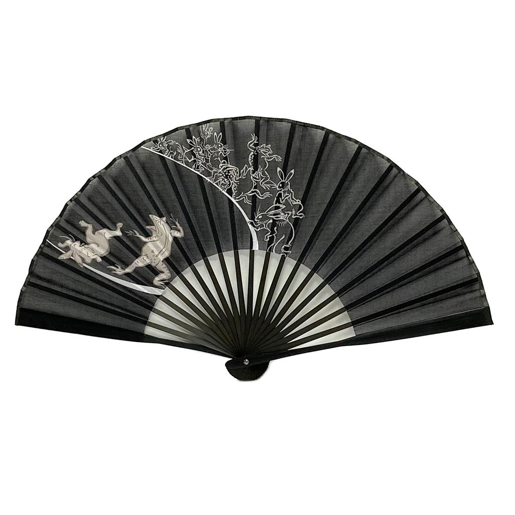Folding Cotton with Frog and Rabbit Choju Giga Giga Single Item [Hana Kanzashi] Men's Fan, 22cm, Fabric, Large, Black, Designs, (Choju Paintings),