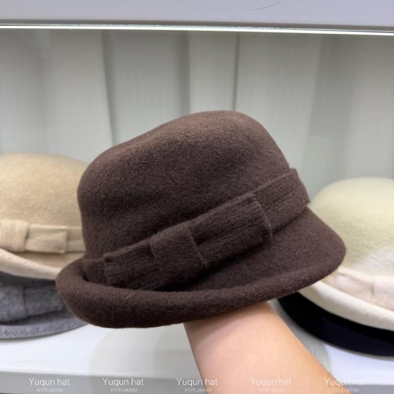 Republic of China retro wool top hat women's autumn and winter French temperament basin hat bow Hepburn style dome fisherman hat