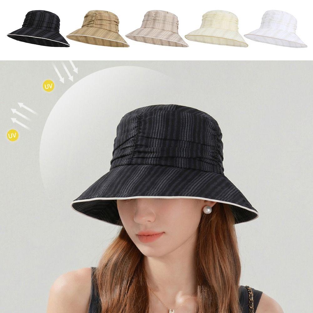 Fashion Pleated Bucket Hat Breathable Striped Sun Protection Hat Foldable Wide Brim Hat Summer