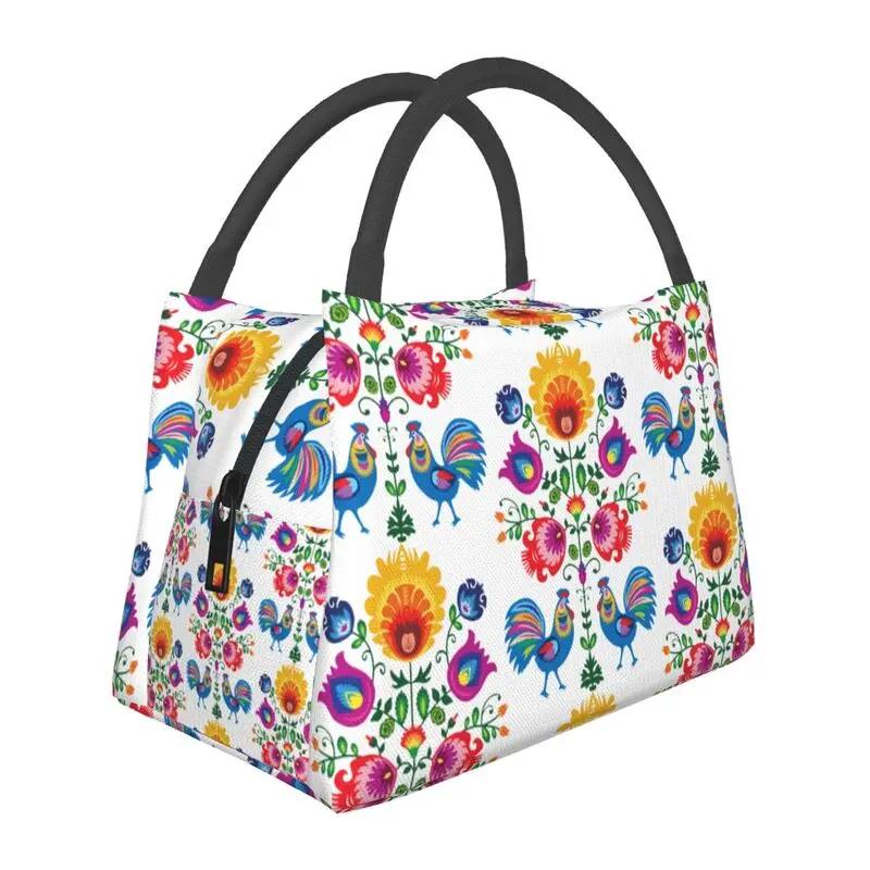 Polish Folk Flowers And Roosters Lunch Box for Women Waterproof Poland Floral Art Cooler Thermal Food Insulated Lunch Bag