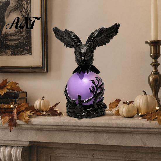 Halloween Home Decoration Gothic Crow Lamp, with Purple Light Ball, Resin Night Light, Matte Black Statue USB Powered Dark Style for