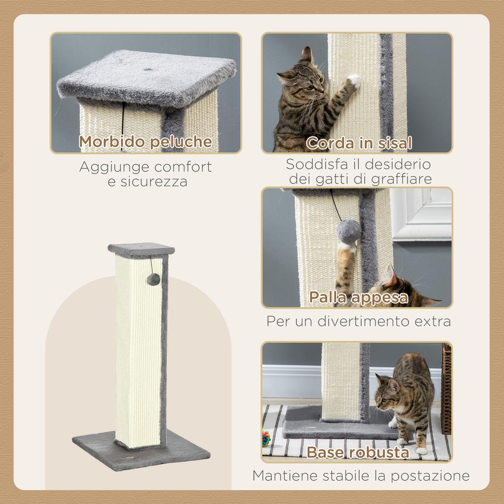 Cat Scratching Post with Ball, Sisal Pole and Plush Cover, 41x41x81 Cm, Grey