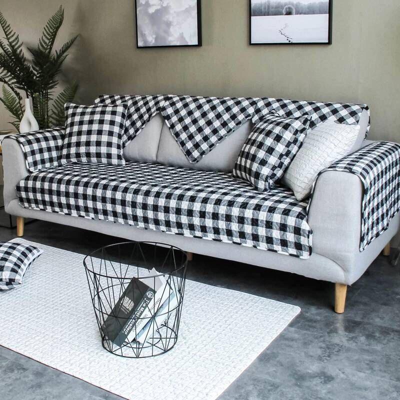 Classic All Cotton Fashionable Plaid Sofa Mat with Anti Slip Four Season Fabric, Simple and Modern Universal Sofa Cover and Towel