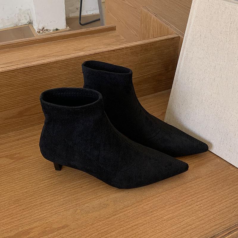 

Fashion Fashion Pointed Toe Modern Ladies Ankle Boots Shoes Sexy Flock Women Short Stretch Boots With Female Low Heel Pumps Shoes 35 чёрный