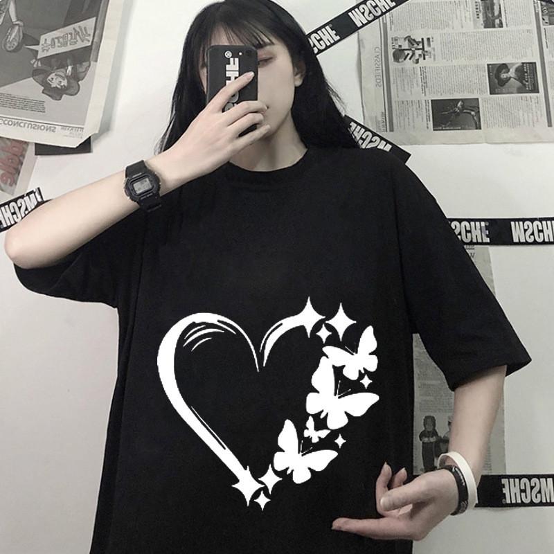 T Shirt Women Summer Loose Fit Heart Print Short Sleeve Graphic Tee For Casual Wear
