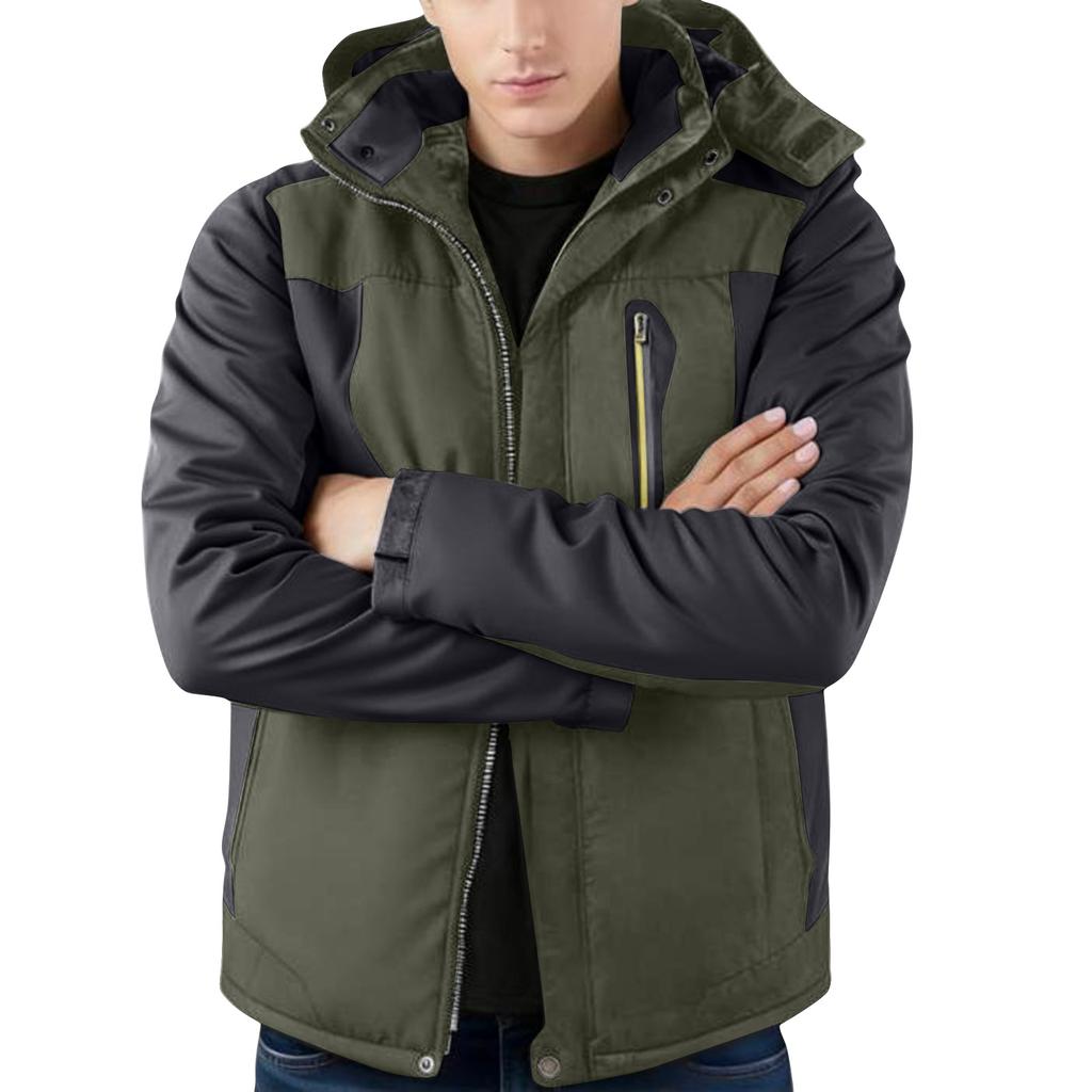 Unisex Colorblock Zipper Pocket Hooded Jacket Men's Casual Plush Jacket