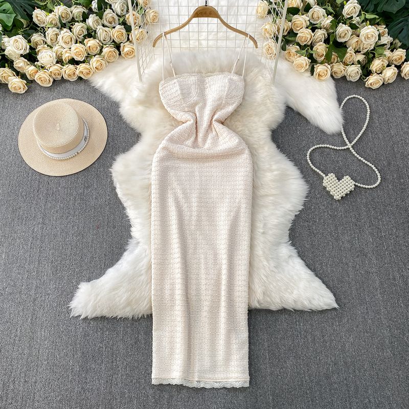 

Niche Elegant Elegant Lace Side Band Chest Pad Sling Dress Women Summer High-Grade Sense Waist Hugging Back Slit Long dress Light Beige One size