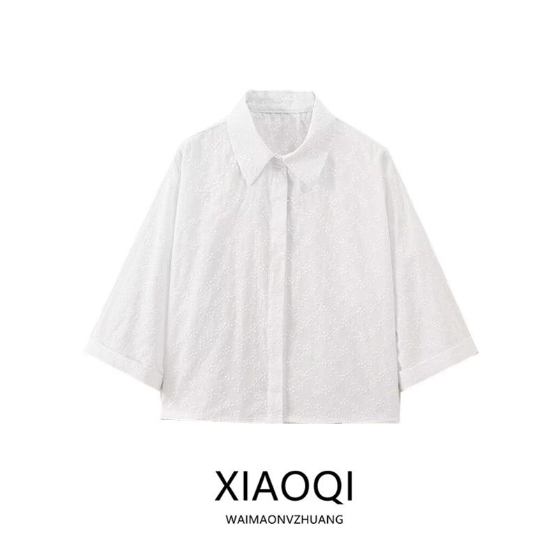 Fashion Style 2024 Summer New Women's Clothing Elegant White Short Sleeve Stand Collar Embroidery Short Shirt 3564115