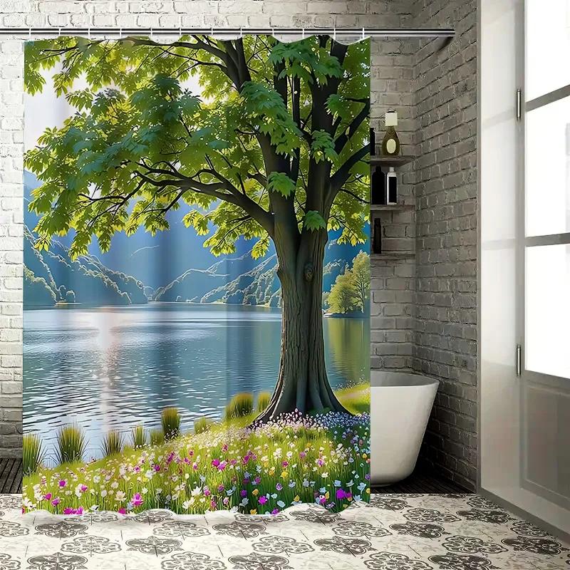 Tranquil lake view shower curtain, turn your bathroom into a tranquil oasis Waterproof Polyester Spring Home Decor Easy-Clean W90xH180cm
