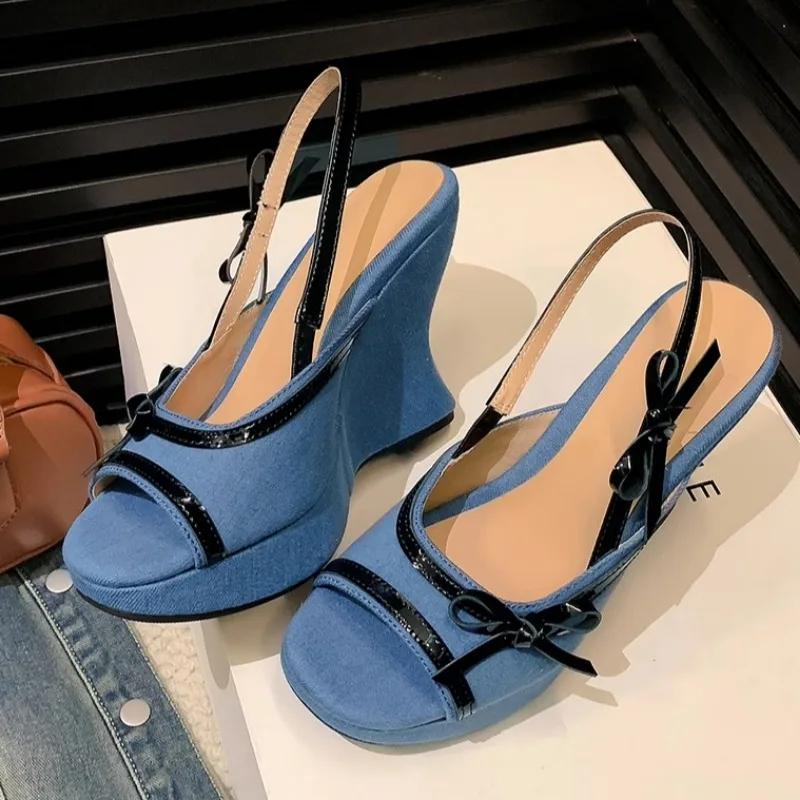 Fashion Bow Women Super High Heels Shoes Woman Cowboy Peep Toe Wedges Heeled Sandals 2025 Fashion Slingback Summer Dress Sandalias Mujer
