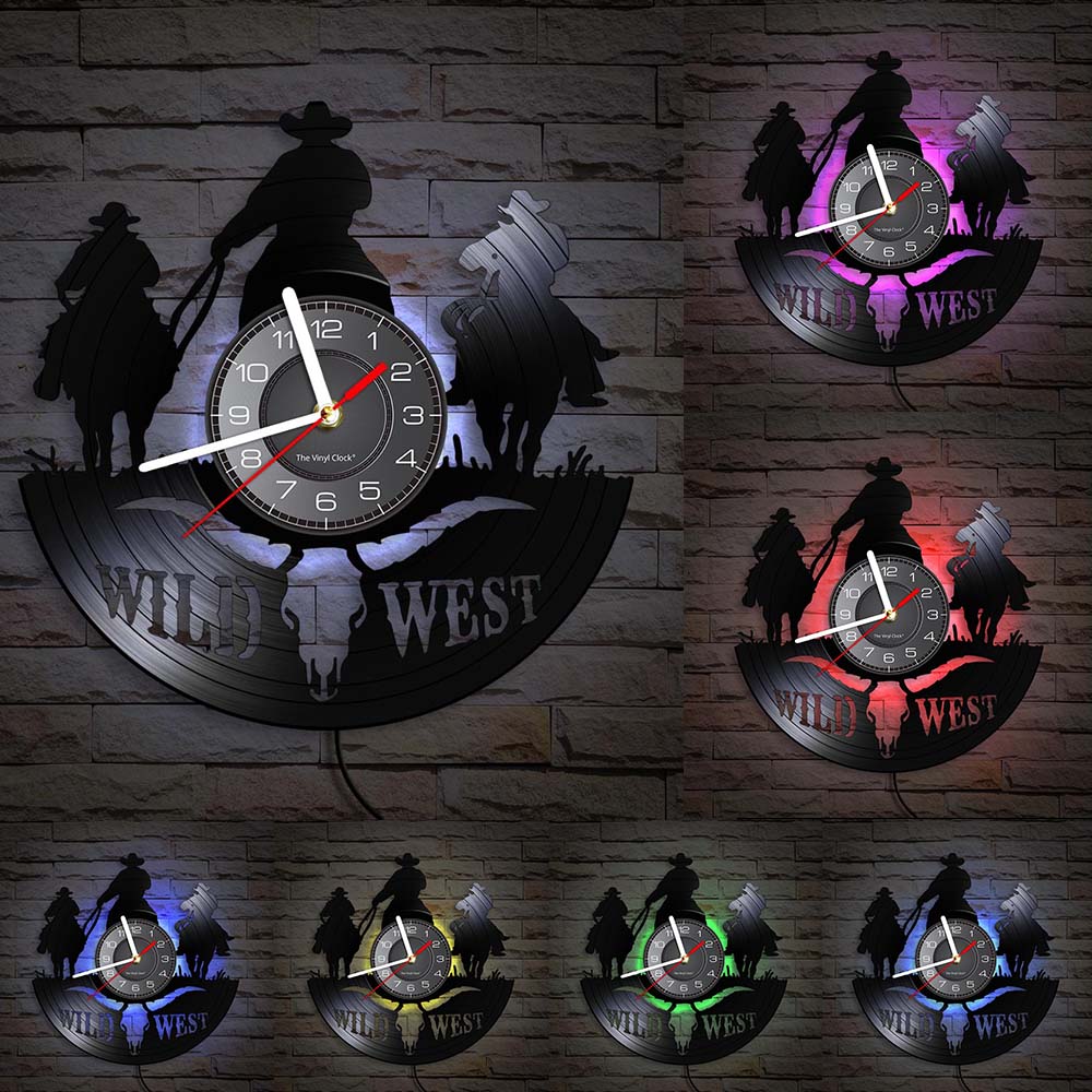 Wild West Cowboy Wall Clock Horse Rider Vinyl Record Wall Clock Western Home Decor Rodeo Horse Riding Cowboy Vintage Clock Watch