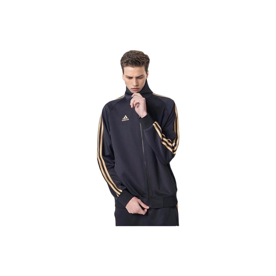 Adidas Casual Striped Logo Retro Sports Stand Collar Jacket Unisex Jacket Black Gold TR30JR-BG