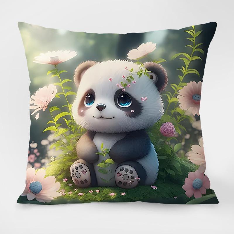 Cute Cartoon Panda Pattern Decorative Pillowcase Living Room Bedroom Square Cushion Pillowcase