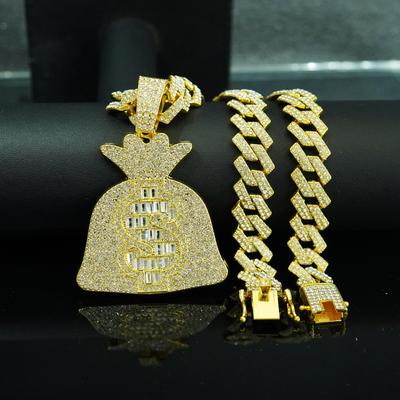 Rock Sugar Diamond Money Bag Cuban Faucet Buckle Necklace, European and American Personalized Rhombus Hip-hop Rap Pendant Jewelry