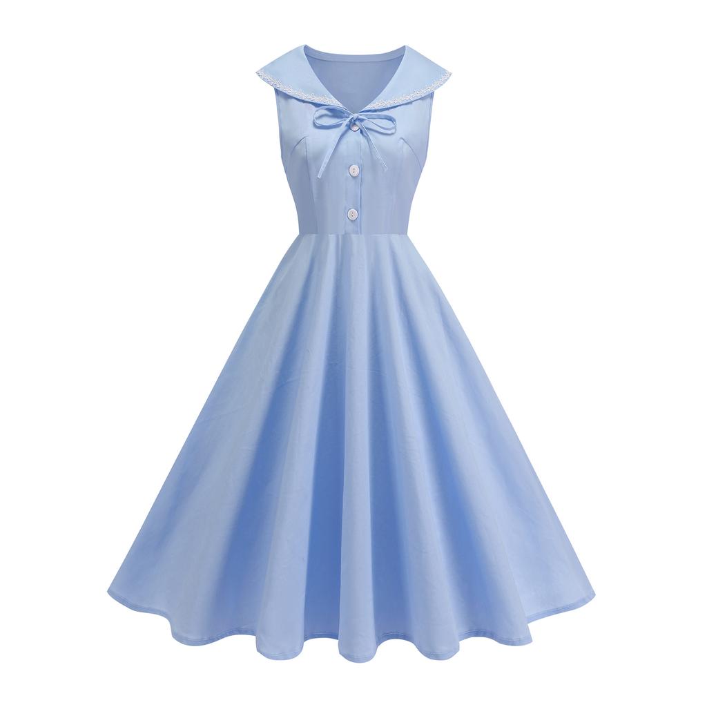 Women's Fashion Party Solid-Color Short-Sleeve Collared Bow Casual Dress For Summer