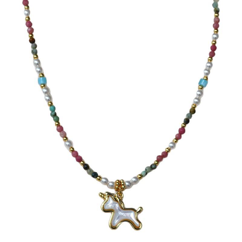 Colorful Unicorn Pendant Necklace with Imitation Pearls & Genuine Stone Beads, Inspired by Japanese & Korean Niche Design