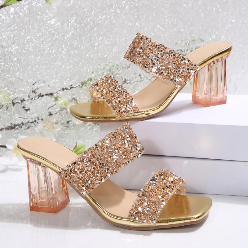 Crystal Sheer Strap Square Heel Slippers Women's Square Toe Open Toe Sequin Sequin Slip Strap Kitten Shoes
