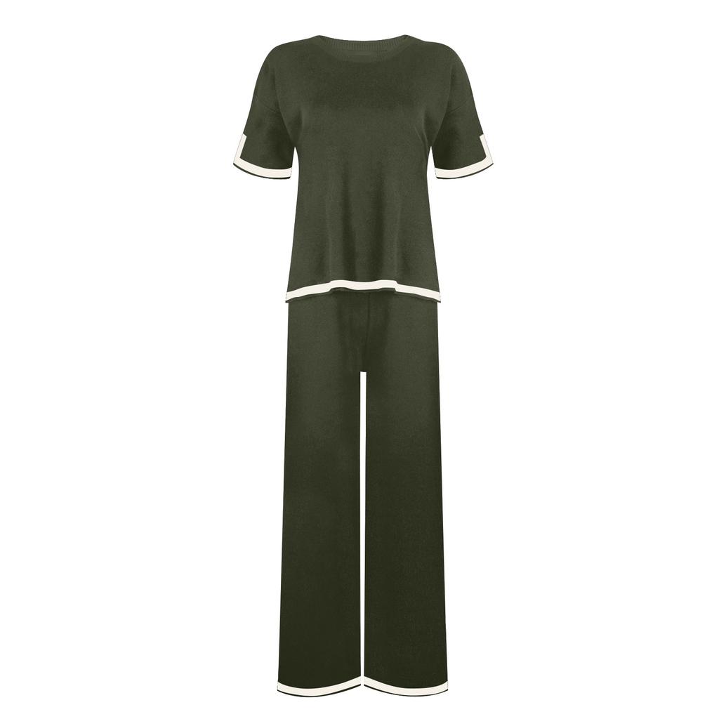 Womens Knit 2 Piece Sweater Sets Short Sleeve Pullover Tops Elastic Waist Wide Leg Pants Women Set